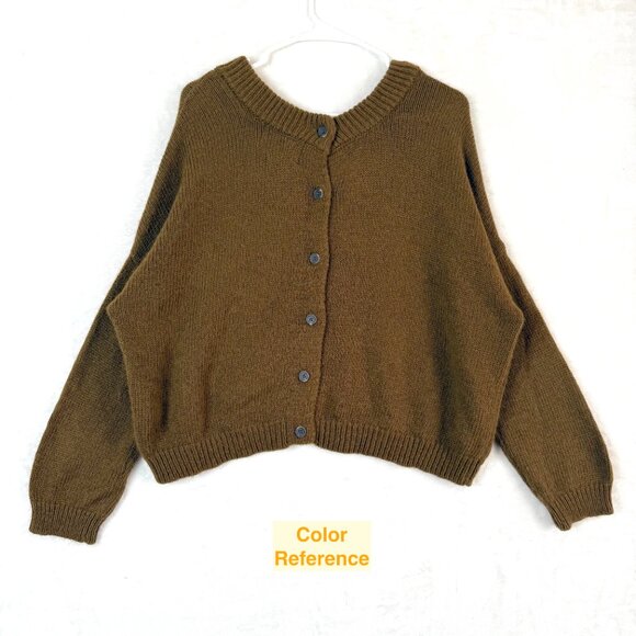 JOA Angora Blend Back Button Relaxed Crew Boxy Cropped Sweater S Green Brown - Picture 3 of 6